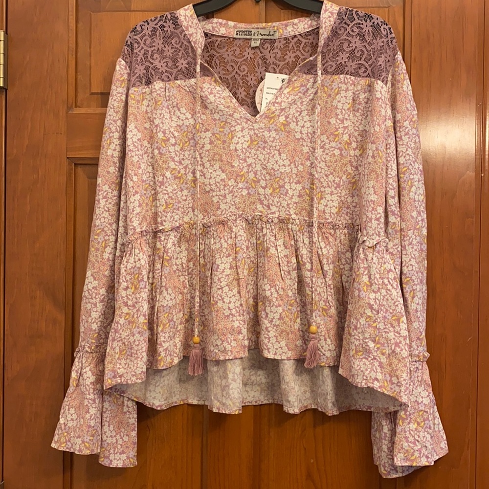 Flowy Pink Floral Top with Lace Details